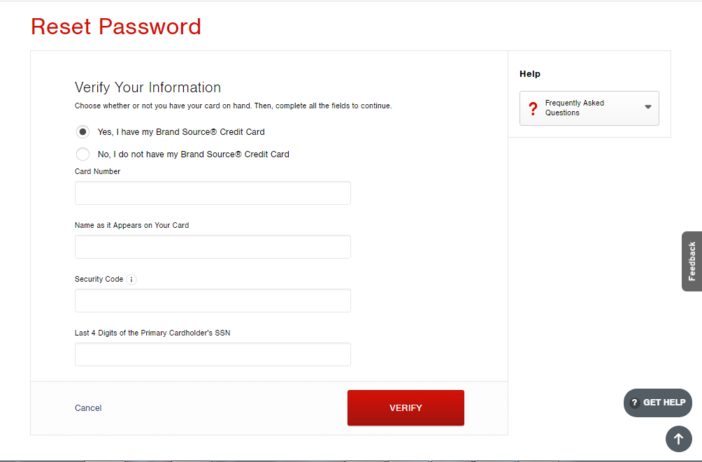 Brand Source credit card reset password